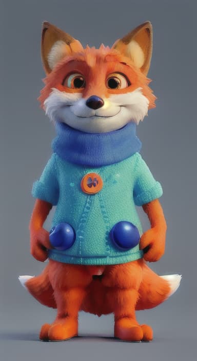  {Error the fox pressing the blue button with his paw, looking puzzled as nothing occurs., Error is a small, bright orange fox with a fluffy tail and big, inquisitive eyes. He has a mischievous yet kind expression and wears a tiny green scarf.