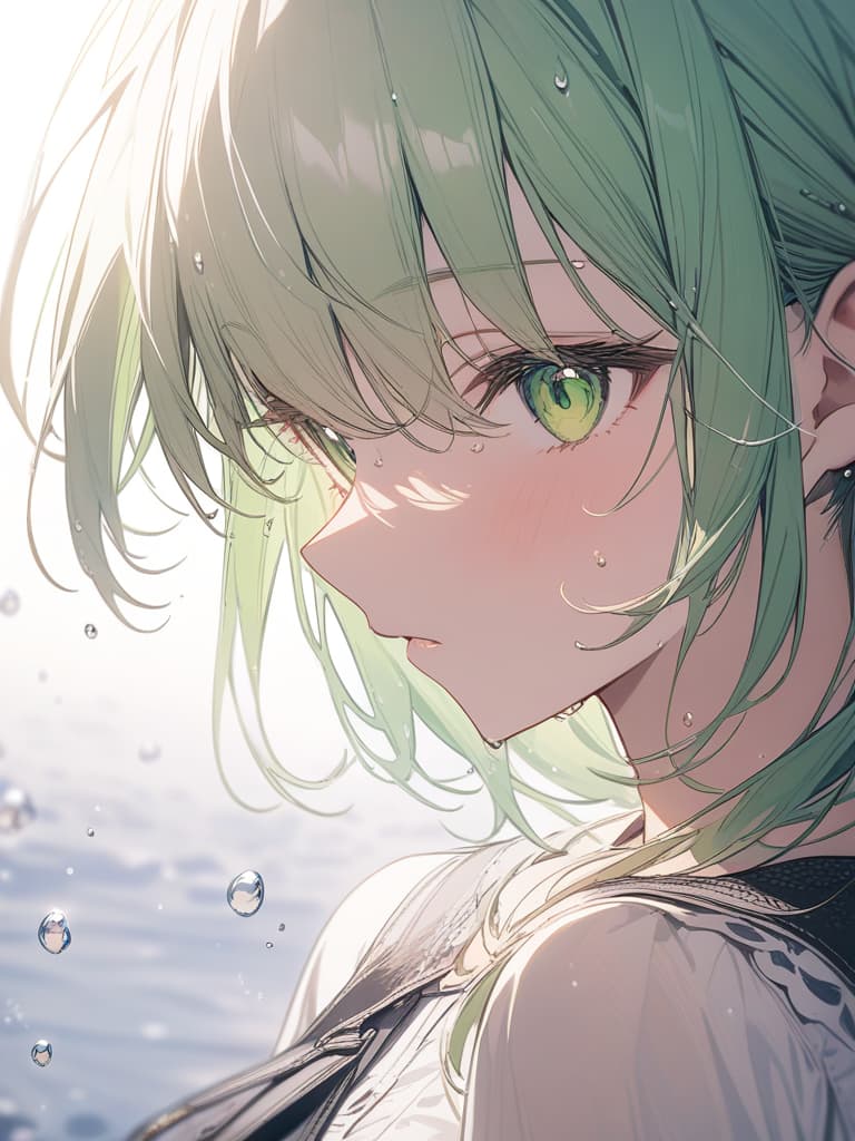  Green hair character in a large droplet drip, "in water droplets", masterpiece, best quality,8k,ultra detailed,high resolution,an extremely delicate and beautiful,hyper detail