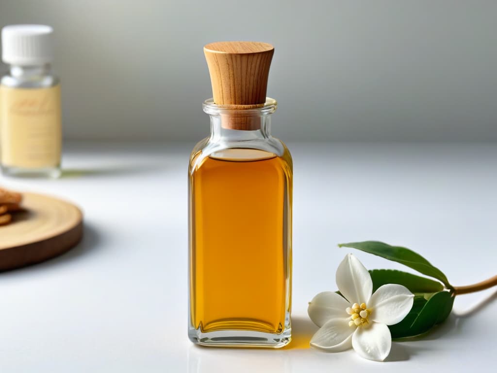  A closeup, minimalist image of a sleek, glass dropper bottle filled with rich, golden vanilla extract, against a softfocus background of fresh vanilla beans and delicate vanilla blossoms. The dropper is delicately releasing a small, glistening drop of the premium vanilla essence, capturing the essence of sophistication and natural beauty in the art of baking. hyperrealistic, full body, detailed clothing, highly detailed, cinematic lighting, stunningly beautiful, intricate, sharp focus, f/1. 8, 85mm, (centered image composition), (professionally color graded), ((bright soft diffused light)), volumetric fog, trending on instagram, trending on tumblr, HDR 4K, 8K