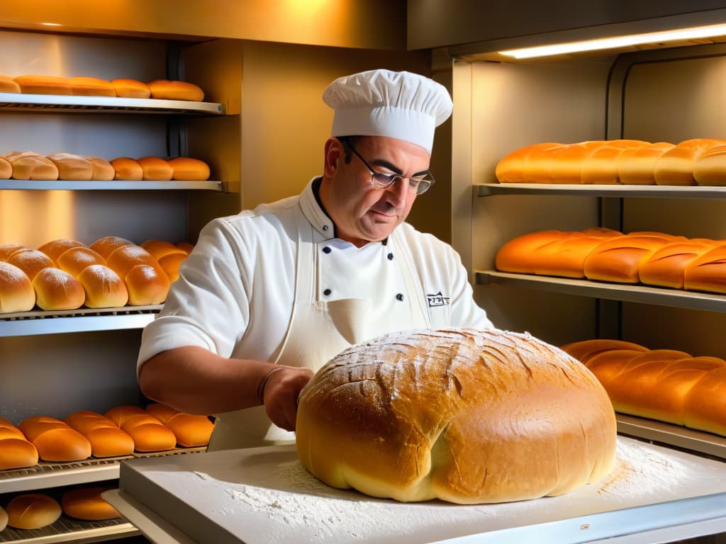  An intricately detailed image of a professional baker expertly shaping a loaf of glutenfree bread, the soft dough glistening under the warm light of a rustic bakery. The baker's hands, coated in a light dusting of flour, deftly work the dough, creating delicate swirls and patterns on its surface. The background showcases shelves filled with various glutenfree flours and ingredients, adding a sense of authenticity and expertise to the scene. hyperrealistic, full body, detailed clothing, highly detailed, cinematic lighting, stunningly beautiful, intricate, sharp focus, f/1. 8, 85mm, (centered image composition), (professionally color graded), ((bright soft diffused light)), volumetric fog, trending on instagram, trending on tumblr, HDR 4K, 8K