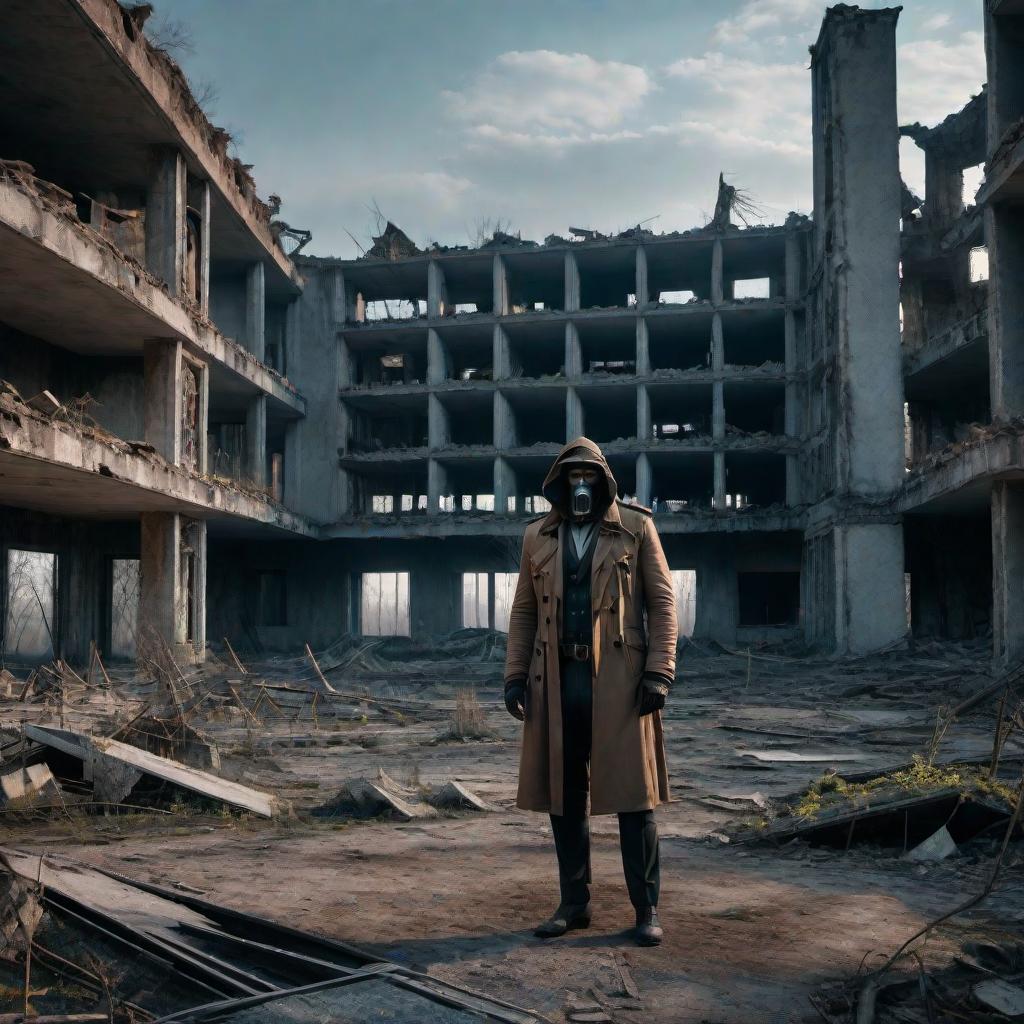  A man dressed as astrapper stands in the middle of the ruins of Pripyat at midnight. hyperrealistic, full body, detailed clothing, highly detailed, cinematic lighting, stunningly beautiful, intricate, sharp focus, f/1. 8, 85mm, (centered image composition), (professionally color graded), ((bright soft diffused light)), volumetric fog, trending on instagram, trending on tumblr, HDR 4K, 8K