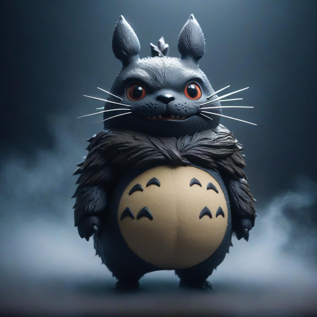  evil dark totoro chibi hyperrealistic, full body, detailed clothing, highly detailed, cinematic lighting, stunningly beautiful, intricate, sharp focus, f/1. 8, 85mm, (centered image composition), (professionally color graded), ((bright soft diffused light)), volumetric fog, trending on instagram, trending on tumblr, HDR 4K, 8K