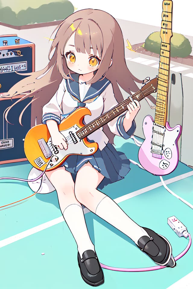  High school girl, mini character, cute, electric guitar, long hair, hanging, sitting on the ground, sailor suit, electric guitar, two heads