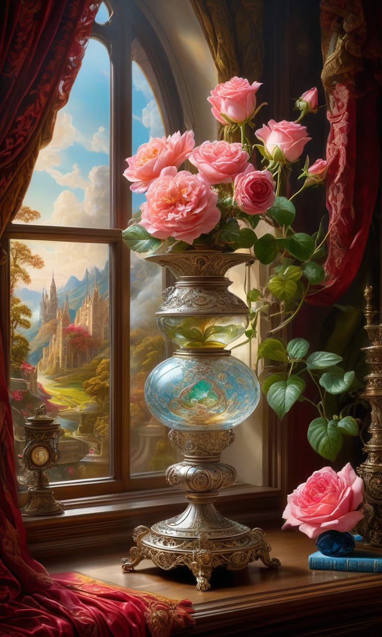  Oil painting. Surreal digital image. Perfume in an unusually shaped vessel::: glass, patterns, hammered silver:: steampunk. On the windowsill at the (open: 1,7) window with sheer curtains, a book, a rose. Intricate decoration::: sequins, patterns, ornaments. Background:: surreal abstractionism with elements of a gorgeous blooming garden. Hyper detailing, intricacy. Exquisite rocaille and fantasy surrealism. Decorative excesses. Josephine Wall, Fragonard and Antoine Watteau. Sabbas Aptheros, Alfonso Mucha, Andrew Jones. High detail. High contrast. High quality. HDR. hyperrealistic, full body, detailed clothing, highly detailed, cinematic lighting, stunningly beautiful, intricate, sharp focus, f/1. 8, 85mm, (centered image composition), (professionally color graded), ((bright soft diffused light)), volumetric fog, trending on instagram, trending on tumblr, HDR 4K, 8K