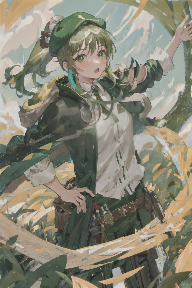  master piece , best quality,Green hair, ponytail, brown hat, hunter, bowman, olive cape