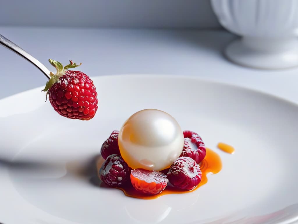  A closeup, ultradetailed image of a single perfectly spherical, glossy and vibrant red raspberryflavored spherification pearl delicately resting on a pristine white porcelain spoon. The pearl is beautifully translucent, capturing the light to showcase its smooth surface and the intricate details of the encapsulated raspberry essence within. The background is softly blurred to emphasize the meticulous craftsmanship and elegant simplicity of the culinary artistry. hyperrealistic, full body, detailed clothing, highly detailed, cinematic lighting, stunningly beautiful, intricate, sharp focus, f/1. 8, 85mm, (centered image composition), (professionally color graded), ((bright soft diffused light)), volumetric fog, trending on instagram, trending on tumblr, HDR 4K, 8K