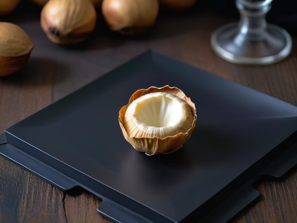  A closeup, ultradetailed image of a single shelled macadamia nut resting on a sleek, modern black plate. The nut is perfectly positioned to capture the intricate texture of its shell, showcasing its unique ridges and patterns in stunning clarity. Light softly reflects off the surface, highlighting the rich, golden hues of the nut against the dark background, creating a visually striking and minimalist composition that exudes sophistication and elegance. hyperrealistic, full body, detailed clothing, highly detailed, cinematic lighting, stunningly beautiful, intricate, sharp focus, f/1. 8, 85mm, (centered image composition), (professionally color graded), ((bright soft diffused light)), volumetric fog, trending on instagram, trending on tumblr, HDR 4K, 8K