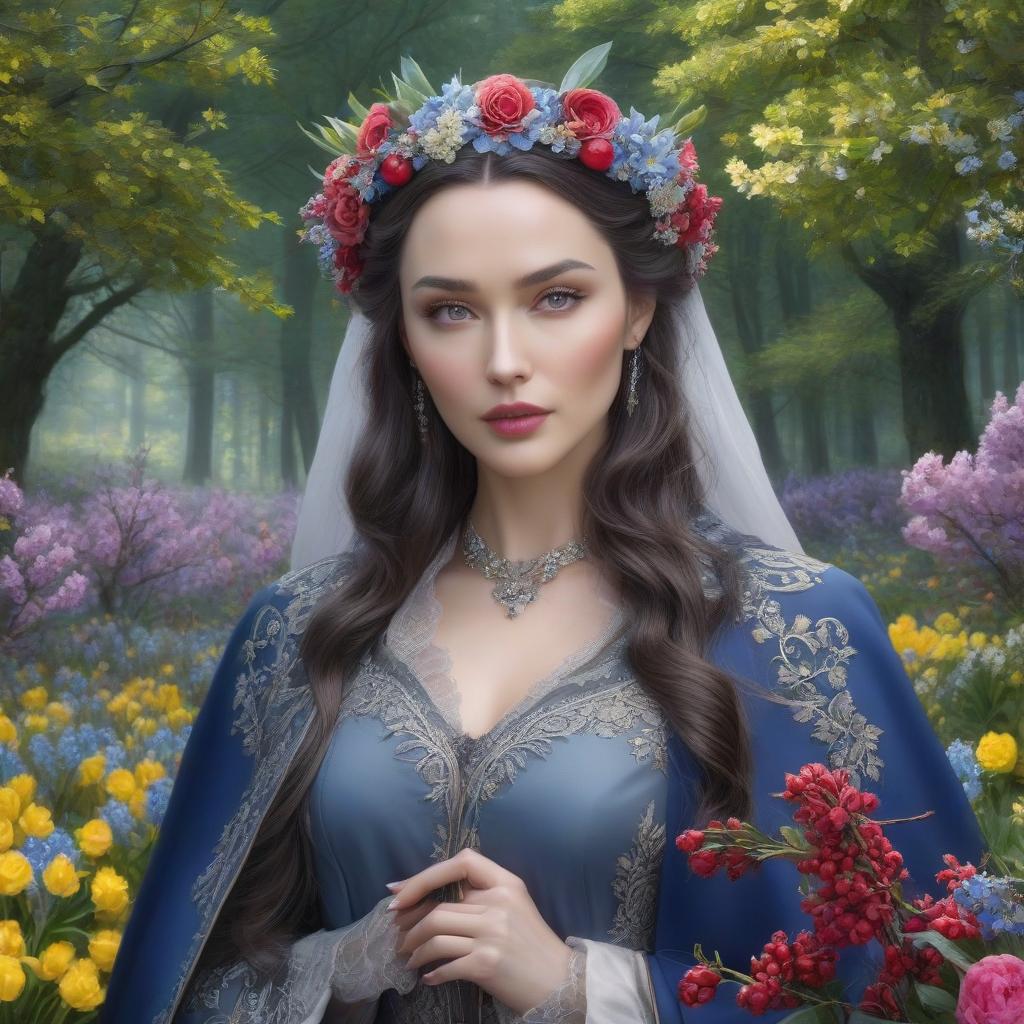  Luthien Tinuviel. A very pretty girl. Grey eyes. Forest, silver crown on her forehead, blue coat. ((Sparkling rim)): spring field, hyacinths, roses, rosehips, rose hips, peonies, cherry tree, yellow, red, black flowers, forget me nots. hyperrealistic, full body, detailed clothing, highly detailed, cinematic lighting, stunningly beautiful, intricate, sharp focus, f/1. 8, 85mm, (centered image composition), (professionally color graded), ((bright soft diffused light)), volumetric fog, trending on instagram, trending on tumblr, HDR 4K, 8K