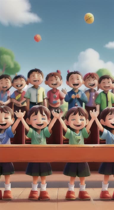  {A heartwarming scene of all the children waving goodbye with happy expressions., Children waving with wide smiles, looking grateful and content.