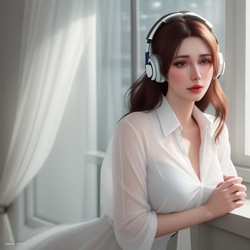  analog style, best quality, gorgeous young Swiss sitting by window with headphones on, wearing white with translucent shirt over, soft lips, beach hair, octane render, unreal engine, photograph, realistic skin texture, photorealistic, hyper realism, highly detailed, 85mm portrait photography, award winning, hard rim lighting photographyanalog style, best quality, gorgeous young Swiss sitting by window with headphones on, wearing white with translucent shirt over, soft lips, beach hair, octane render, unreal engine, photograph, realistic skin texture, photorealistic, hyper realism, highly detailed, 85mm portrait photography, award winning, hard rim lighting photography hyperrealistic, full body, detailed clothing, highly detailed, cinematic lighting, stunningly beautiful, intricate, sharp focus, f/1. 8, 85mm, (centered image composition), (professionally color graded), ((bright soft diffused light)), volumetric fog, trending on instagram, trending on tumblr, HDR 4K, 8K