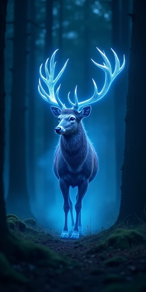  good quality, high quality, a glowing blue stag leaping through a forest