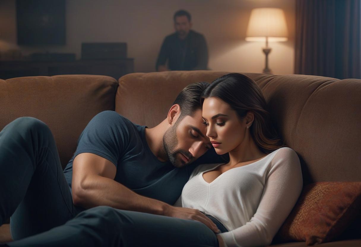  A girl lies on a man's shoulder on a couch. hyperrealistic, full body, detailed clothing, highly detailed, cinematic lighting, stunningly beautiful, intricate, sharp focus, f/1. 8, 85mm, (centered image composition), (professionally color graded), ((bright soft diffused light)), volumetric fog, trending on instagram, trending on tumblr, HDR 4K, 8K