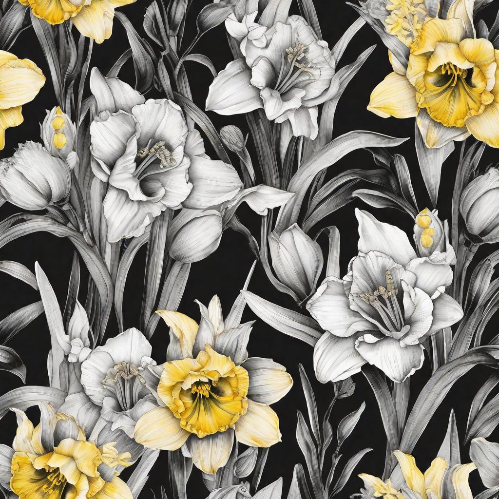  masterpiece, best quality, entwined Daffodil And Jonquil Gladiolus, Poppy black and gray tattoo