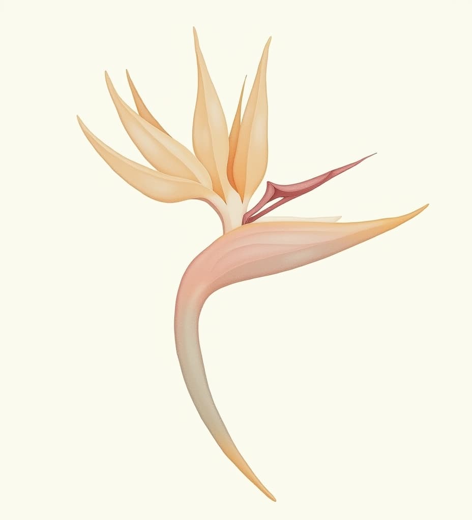  good quality, high quality, a tropical bird of paradise flower, represented in thin, flowing lines, overlaid with simple rectangular blocks that subtly intersect the flower’s base, adding a modern touch