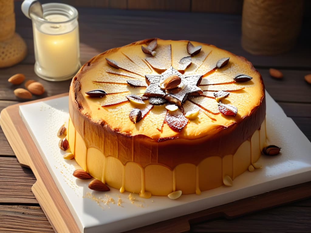  An ultradetailed, photorealistic image of a freshly baked basbousa on a rustic wooden table, showcasing the golden brown semolina cake topped with almonds and dripping with sweet syrup. The cake is intricately decorated, with each almond perfectly placed, and the syrup glistening under warm lighting that highlights the texture and mouthwatering appeal of this traditional Middle Eastern dessert. hyperrealistic, full body, detailed clothing, highly detailed, cinematic lighting, stunningly beautiful, intricate, sharp focus, f/1. 8, 85mm, (centered image composition), (professionally color graded), ((bright soft diffused light)), volumetric fog, trending on instagram, trending on tumblr, HDR 4K, 8K