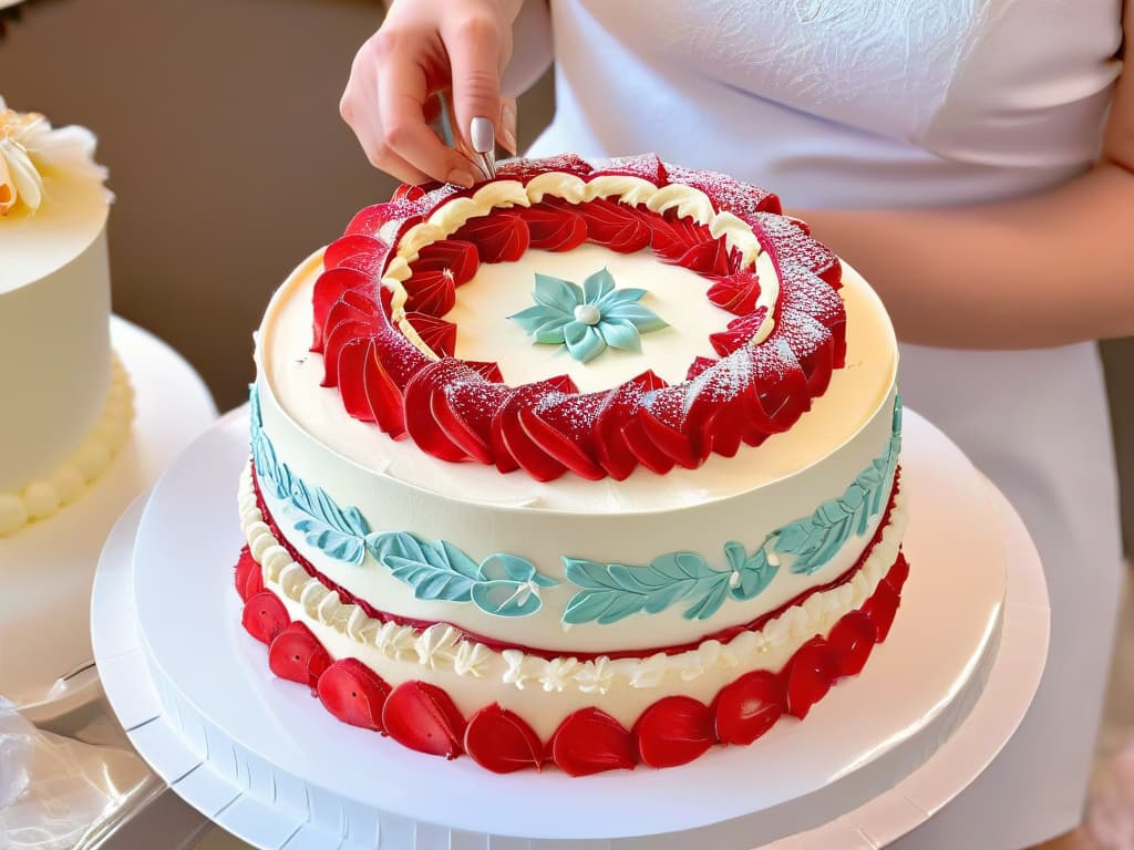  A closeup, highresolution image of a skilled baker's hands delicately piping intricate designs on a beautifully decorated cake, showcasing precision and attention to detail in pastry decoration. The hands, adorned with a single statement ring, hold a piping bag filled with vibrant icing, while the cake features elegant swirls and floral patterns, exuding artistry and expertise in pastry craftsmanship. The background is softly blurred, emphasizing the focus on the skilled hands and the exquisite dessert creation, embodying the essence of adapted pastry techniques for carpal tunnel syndrome. hyperrealistic, full body, detailed clothing, highly detailed, cinematic lighting, stunningly beautiful, intricate, sharp focus, f/1. 8, 85mm, (centered image composition), (professionally color graded), ((bright soft diffused light)), volumetric fog, trending on instagram, trending on tumblr, HDR 4K, 8K