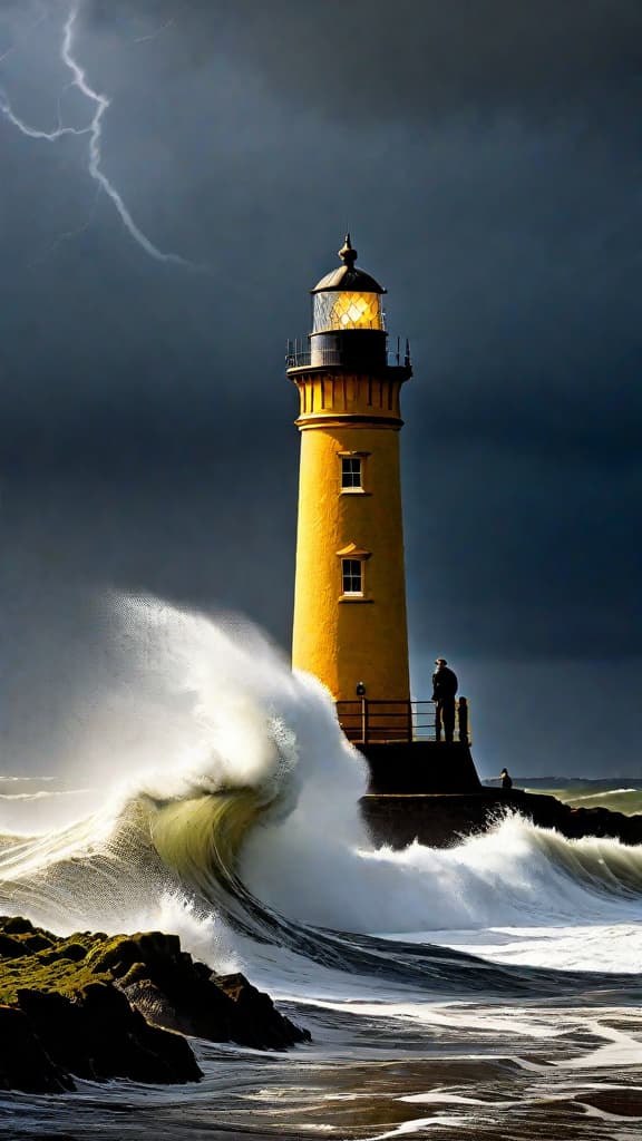  (A raging storm at Merrow Point, with the old lighthouse standing tall, its golden beam cutting through the churning waves. In the foreground, Mr. Hawthorn, the lighthouse keeper, ventures out into the treacherous weather, following a peculiar pattern in the light's reflection that leads him to a washed up chest, its ancient runes glimmering in the stormy darkness.) hyperrealistic, full body, detailed clothing, highly detailed, cinematic lighting, stunningly beautiful, intricate, sharp focus, f/1. 8, 85mm, (centered image composition), (professionally color graded), ((bright soft diffused light)), volumetric fog, trending on instagram, trending on tumblr, HDR 4K, 8K