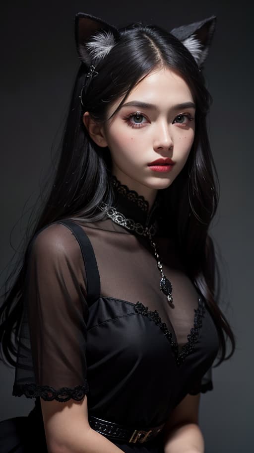  Best quality, masterpiece, ultra high res, (photorealistic:1.4), raw photo, (detail face:1.3), (realistic skin), deep shadow, dramatic lighting, fashionable, odd-eyed, animal ears, long hair, black long dress, elegant, stylish, unique, alluring, chic, sophisticated, trendy, glamorous, stunning, classy, eye-catching, modern, edgy, fashionable, elegant, deep shadow, dramatic lighting, portrait, portrait size, unedited, symmetrical balance