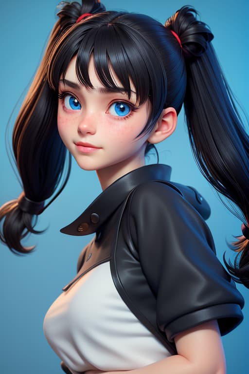  3D, 1 girl, beautiful face,detailed face, high detailed tohsaka rin, solo, medium messy hair, looking at viewer, blue background, black hair, simple background, two side up, blue eyes, lips, closed mouth, bangs, upper body, parted bangs, twintails, nose. wearing nothing at all, no clothes