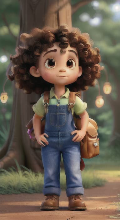  {The tree shining brightly and releasing a gentle, magical light., Riley, a curious with big brown eyes and curly hair, wearing overalls and carrying a small backpack. Their friend, Skye, a bluebird with shiny feathers.