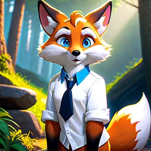  furry, fox,white shirt, disney style, bright colors, cute muzzle,expressive blue eyes,big ears, character concept art, no blur,two dimensional,fancy hyperrealistic, full body, detailed clothing, highly detailed, cinematic lighting, stunningly beautiful, intricate, sharp focus, f/1. 8, 85mm, (centered image composition), (professionally color graded), ((bright soft diffused light)), volumetric fog, trending on instagram, trending on tumblr, HDR 4K, 8K