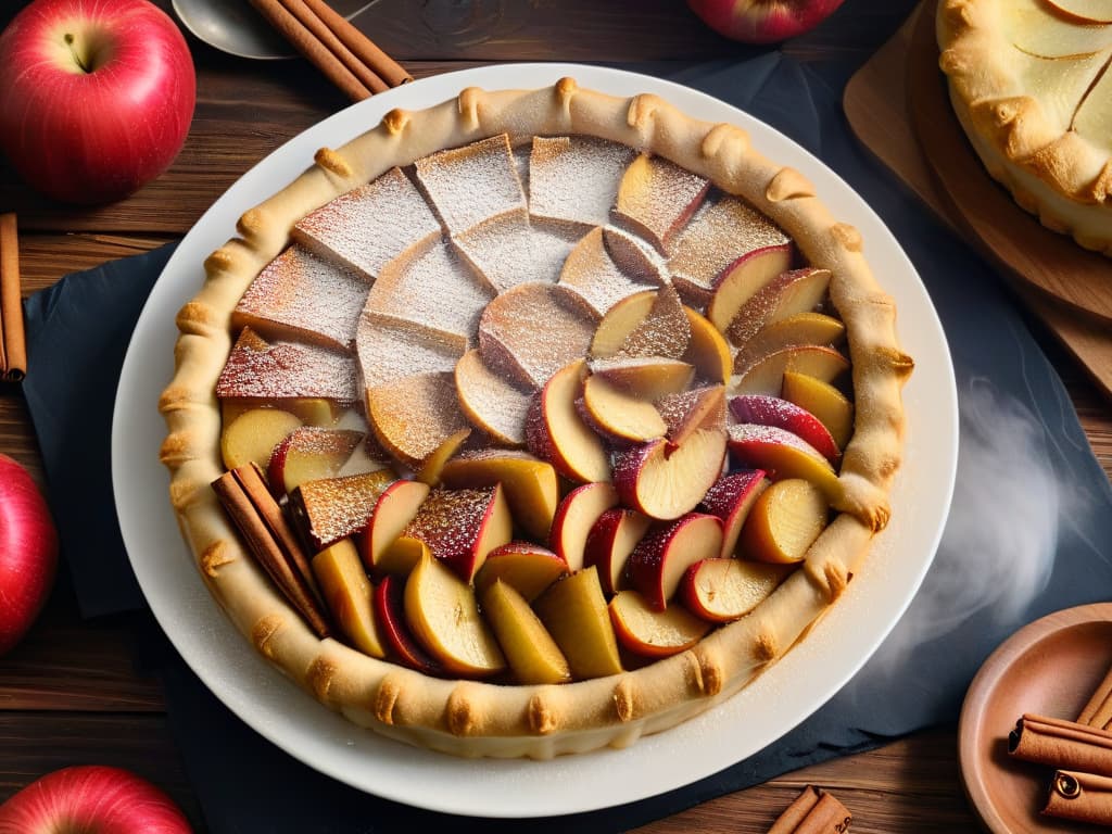  A closeup, ultradetailed image of a perfectly golden crust on a freshly baked paleo apple pie, with steam rising elegantly from the perfectly sliced, cinnamonspiced apples. The pie sits on a rustic wooden table, surrounded by scattered cinnamon sticks and whole apples, creating a warm and inviting atmosphere. hyperrealistic, full body, detailed clothing, highly detailed, cinematic lighting, stunningly beautiful, intricate, sharp focus, f/1. 8, 85mm, (centered image composition), (professionally color graded), ((bright soft diffused light)), volumetric fog, trending on instagram, trending on tumblr, HDR 4K, 8K