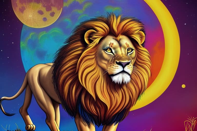  A bright colorful lion with the words “Lyin Changes Everything” written over the moon