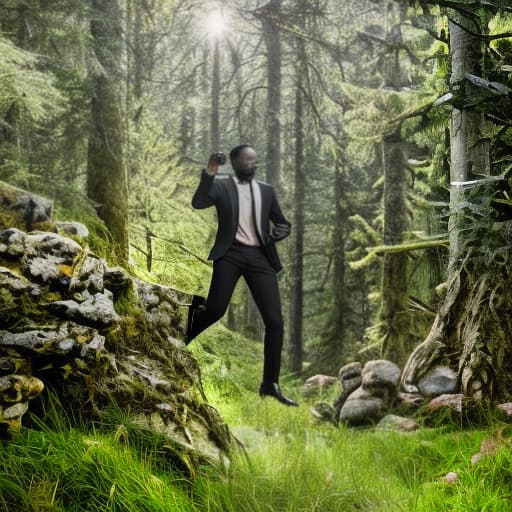 lnkdn photography create a 18year black boy Enchanted Forests hyperrealistic, full body, detailed clothing, highly detailed, cinematic lighting, stunningly beautiful, intricate, sharp focus, f/1. 8, 85mm, (centered image composition), (professionally color graded), ((bright soft diffused light)), volumetric fog, trending on instagram, trending on tumblr, HDR 4K, 8K