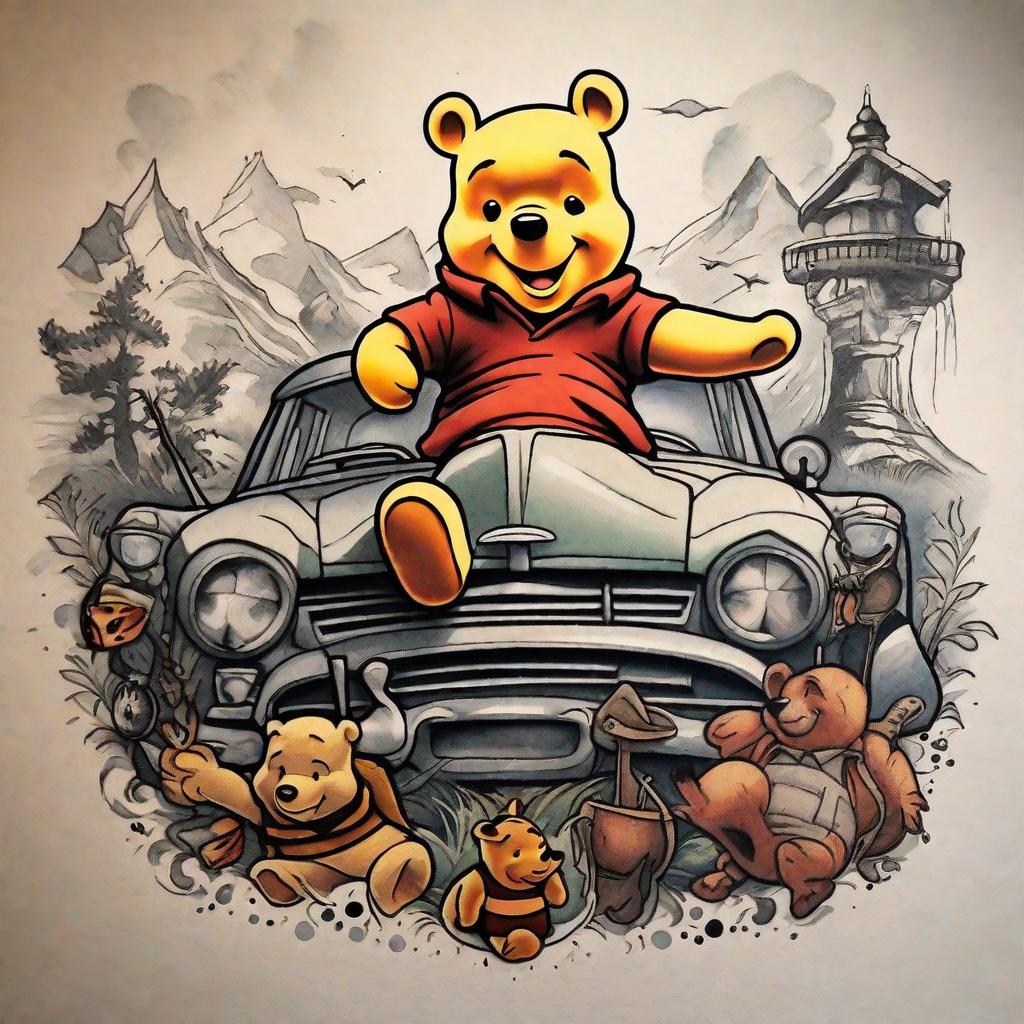  masterpiece, best quality, Combine elements from the movies Cars, Winnie the Pooh, Coraline, and Indiana Jones into a single tattoo design