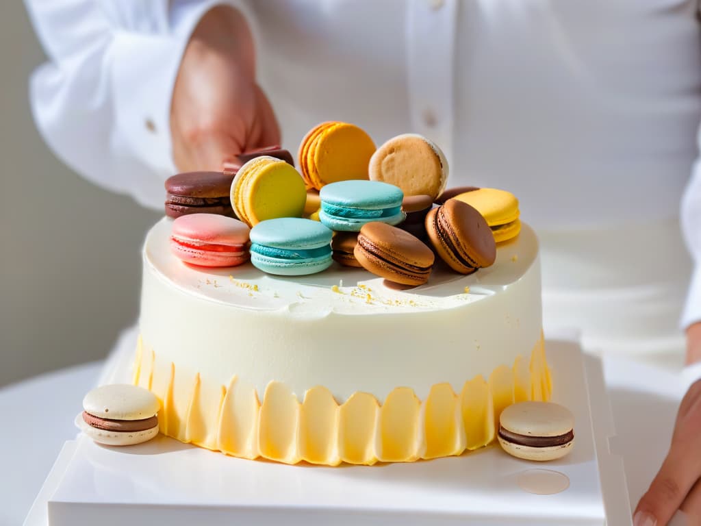  A highresolution image of two hands delicately placing colorful macarons on a pristine white cake, symbolizing collaboration and partnership in the world of pastry. The background is softfocused, highlighting the intricate details of the pastelcolored macarons and the smooth surface of the cake. This minimalist yet visually striking image conveys the essence of strategic collaborations in the realm of pastrymaking. hyperrealistic, full body, detailed clothing, highly detailed, cinematic lighting, stunningly beautiful, intricate, sharp focus, f/1. 8, 85mm, (centered image composition), (professionally color graded), ((bright soft diffused light)), volumetric fog, trending on instagram, trending on tumblr, HDR 4K, 8K