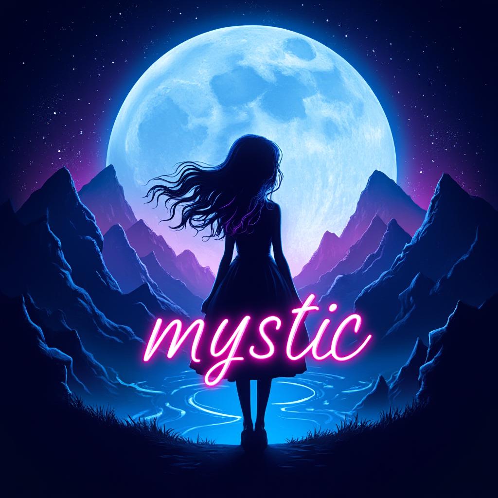  detail, photo, cinscene, dreamwalking a cute girl in a silhouette with flowing hair, wearing a simple dress, standing in front of a glowing, mystical moon. the scene includes stylized mountains and a vibrant night sky with twinkling stars. the word "mystic" is displayed in a stylish, neon like font at the center of the image. the overall design has a clean, modern aesthetic with shades of blue, purple, and neon accents, perfect for a graphic designer's profile picture.