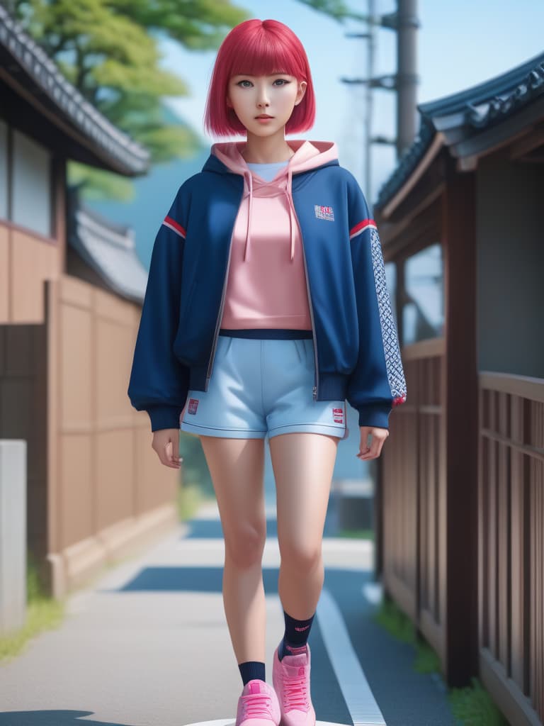  BLUE EYES SHORT PANT RED SNEAKERS PINK WOLF CUT HAIR YOUNG JAPANESE GIRL , high quality, highly detailed, sharp focus, 4K, 8K