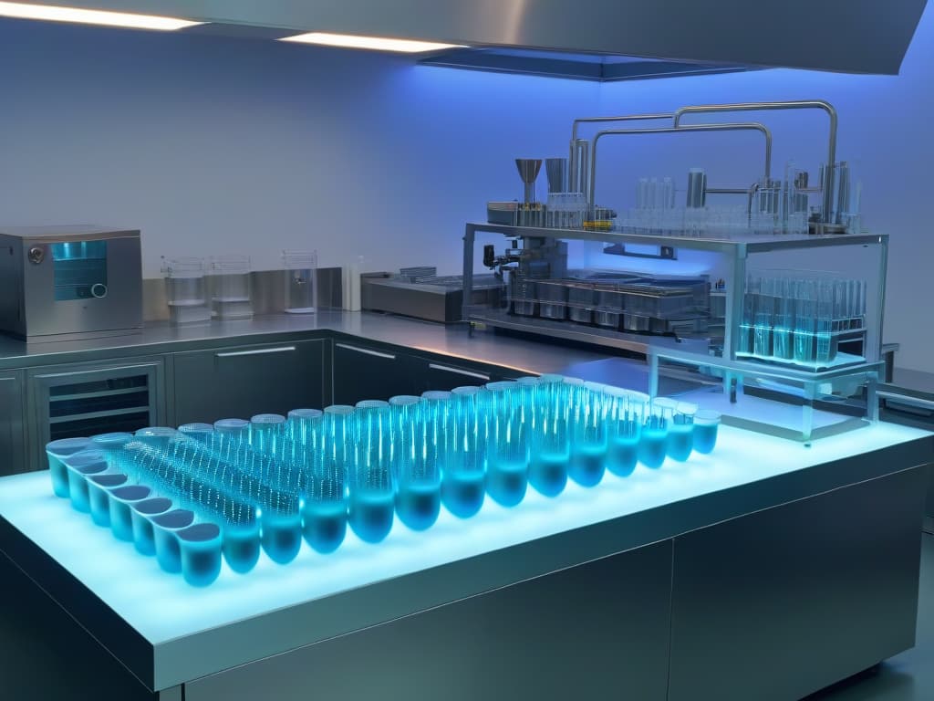  An ultradetailed, 8k resolution image of a sleek and modern laboratory setting, featuring stateoftheart equipment for molecular gastronomy. The image showcases a spotless stainless steel countertop with precision scales, intricate pipettes, and vials of colorful liquids. In the background, a futuristic machine hums softly, emitting a soft blue light that reflects off the gleaming surfaces. The overall aesthetic is minimalistic, with a focus on clean lines and hightech details, evoking a sense of innovation and sophistication in the world of molecular pastry. hyperrealistic, full body, detailed clothing, highly detailed, cinematic lighting, stunningly beautiful, intricate, sharp focus, f/1. 8, 85mm, (centered image composition), (professionally color graded), ((bright soft diffused light)), volumetric fog, trending on instagram, trending on tumblr, HDR 4K, 8K