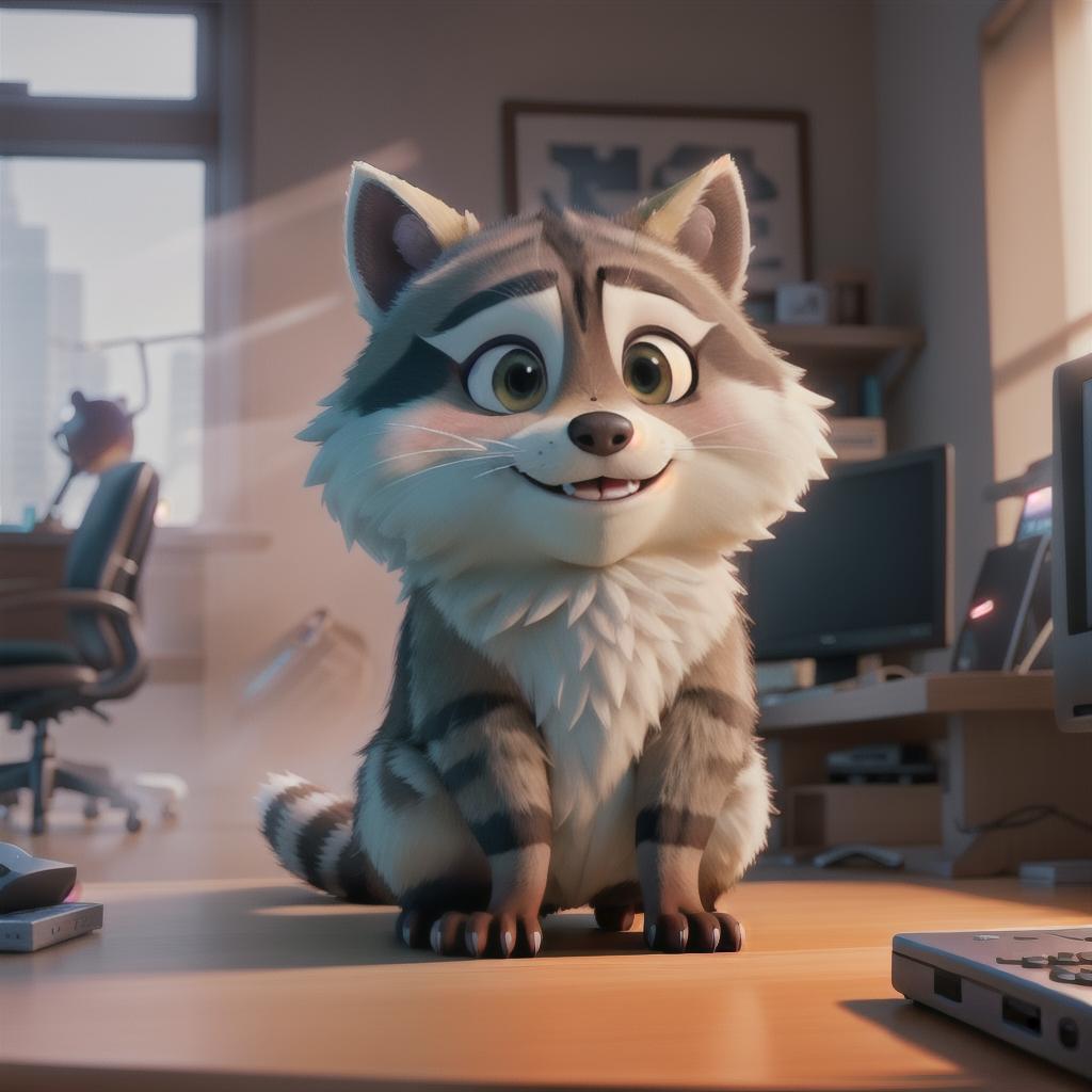  raccoon sitting in gaming chair front a computer on desktop, ((semi anthropomorphic)),(full body), tail, belly, sitting, fat, (chubby), (((white background))), solo, desktop, gaming chair, side view,  [[[clothes]]] hyperrealistic, full body, detailed clothing, highly detailed, cinematic lighting, stunningly beautiful, intricate, sharp focus, f/1. 8, 85mm, (centered image composition), (professionally color graded), ((bright soft diffused light)), volumetric fog, trending on instagram, trending on tumblr, HDR 4K, 8K