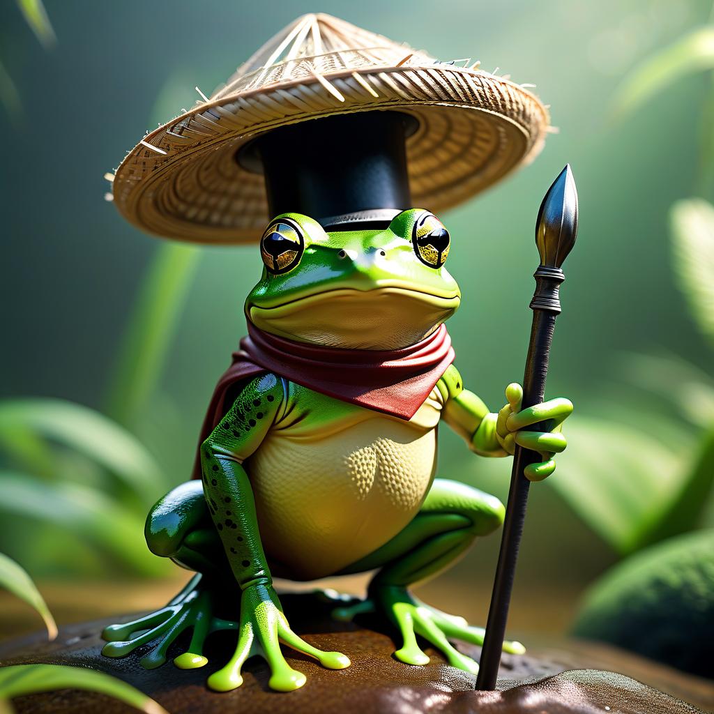  A primitive humanoid green frog only in a wide matted straw hat and a steel spear. hyperrealistic, full body, detailed clothing, highly detailed, cinematic lighting, stunningly beautiful, intricate, sharp focus, f/1. 8, 85mm, (centered image composition), (professionally color graded), ((bright soft diffused light)), volumetric fog, trending on instagram, trending on tumblr, HDR 4K, 8K