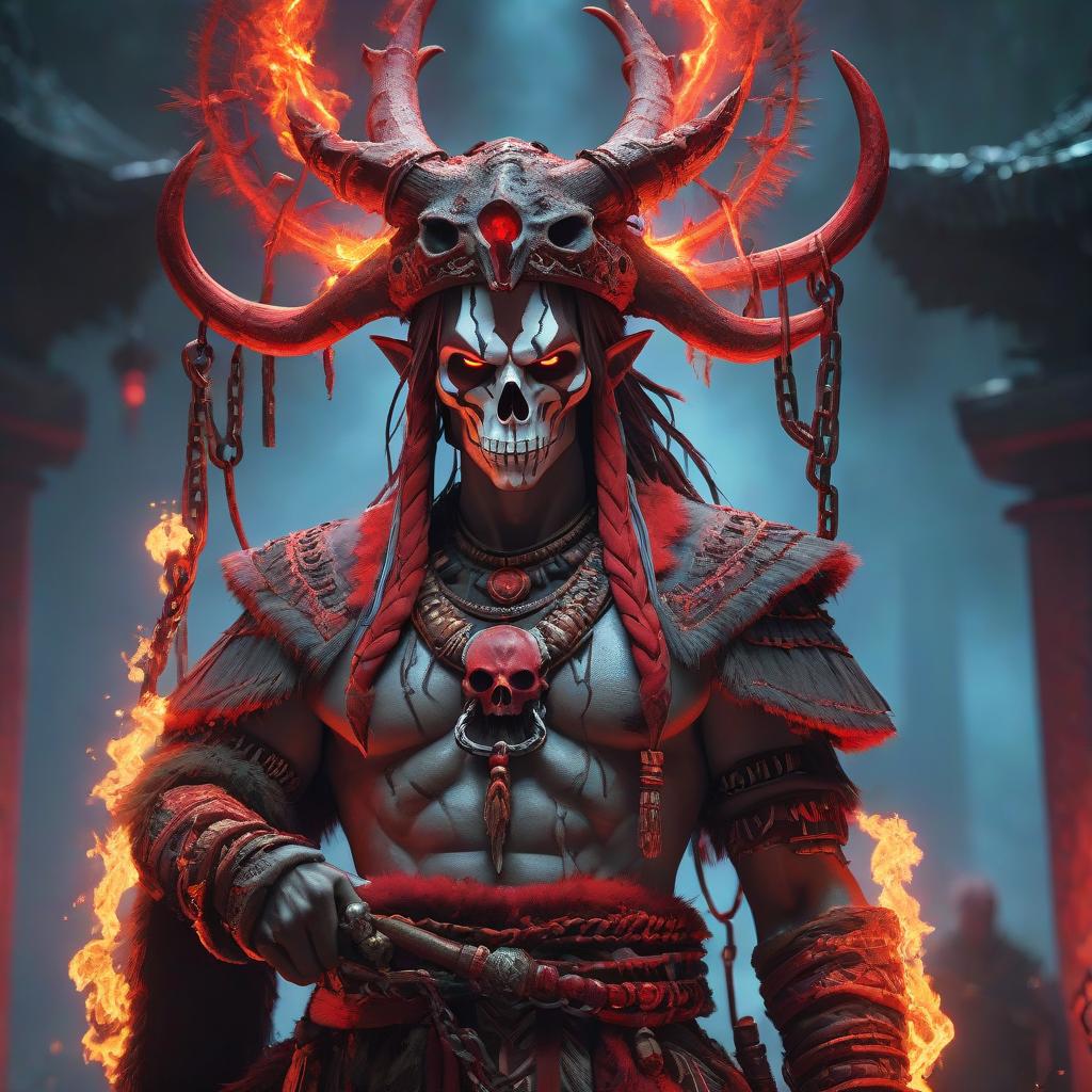  Primitive shaman, evil, aggression, fire everywhere, moss, chains, red neon, animal skull, anime. hyperrealistic, full body, detailed clothing, highly detailed, cinematic lighting, stunningly beautiful, intricate, sharp focus, f/1. 8, 85mm, (centered image composition), (professionally color graded), ((bright soft diffused light)), volumetric fog, trending on instagram, trending on tumblr, HDR 4K, 8K