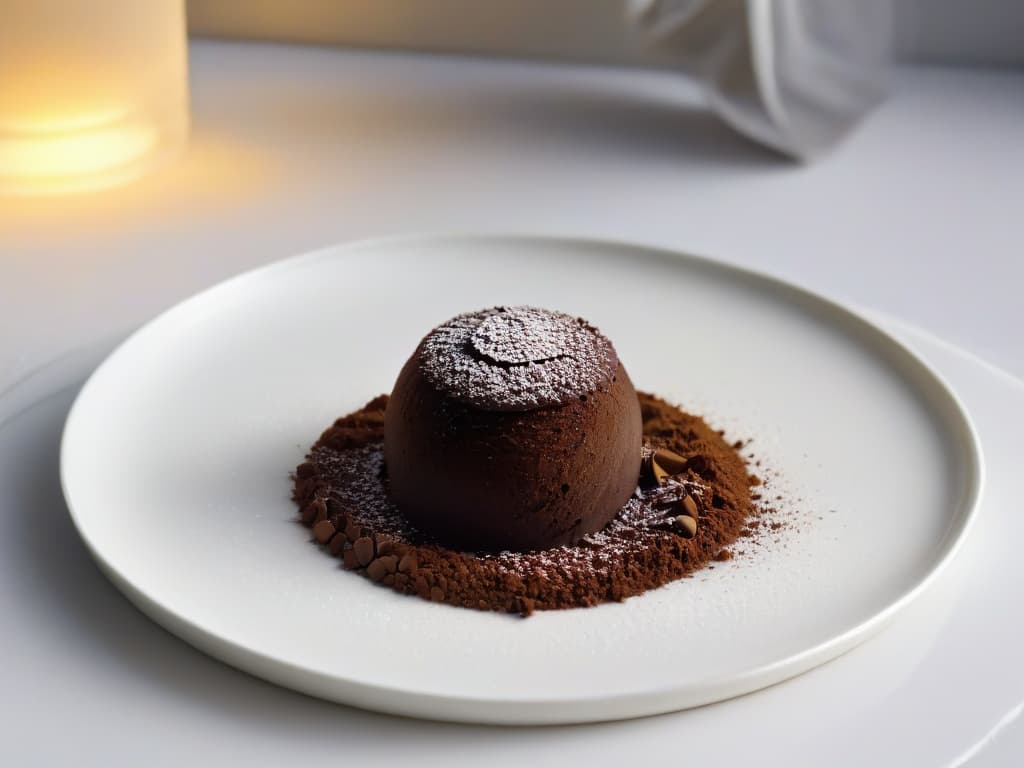  An ultradetailed closeup image of a rich, dark chocolate truffle dusted with bitter cocoa powder, placed delicately on a sleek, modernist white plate. The glossy surface of the truffle reflects the soft ambient light, highlighting its decadent texture and intense flavor profile. The contrast between the deep brown of the chocolate and the pristine white of the plate creates a visually striking and minimalist composition, evoking a sense of sophistication and culinary artistry. hyperrealistic, full body, detailed clothing, highly detailed, cinematic lighting, stunningly beautiful, intricate, sharp focus, f/1. 8, 85mm, (centered image composition), (professionally color graded), ((bright soft diffused light)), volumetric fog, trending on instagram, trending on tumblr, HDR 4K, 8K