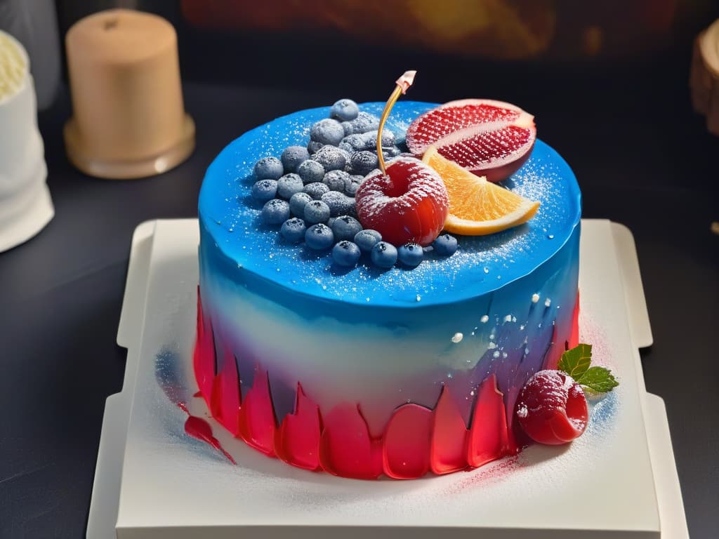  An ultradetailed image of a delicate, intricately decorated cake adorned with edible paint and airbrushing techniques. The cake features a stunning gradient effect achieved through expertly applied layers of edible paint, showcasing a modern and innovative approach to pastry decoration. Each brushstroke and spray of color is meticulously detailed, highlighting the precision and artistry involved in utilizing edible paint and airbrushing in contemporary baking techniques. hyperrealistic, full body, detailed clothing, highly detailed, cinematic lighting, stunningly beautiful, intricate, sharp focus, f/1. 8, 85mm, (centered image composition), (professionally color graded), ((bright soft diffused light)), volumetric fog, trending on instagram, trending on tumblr, HDR 4K, 8K