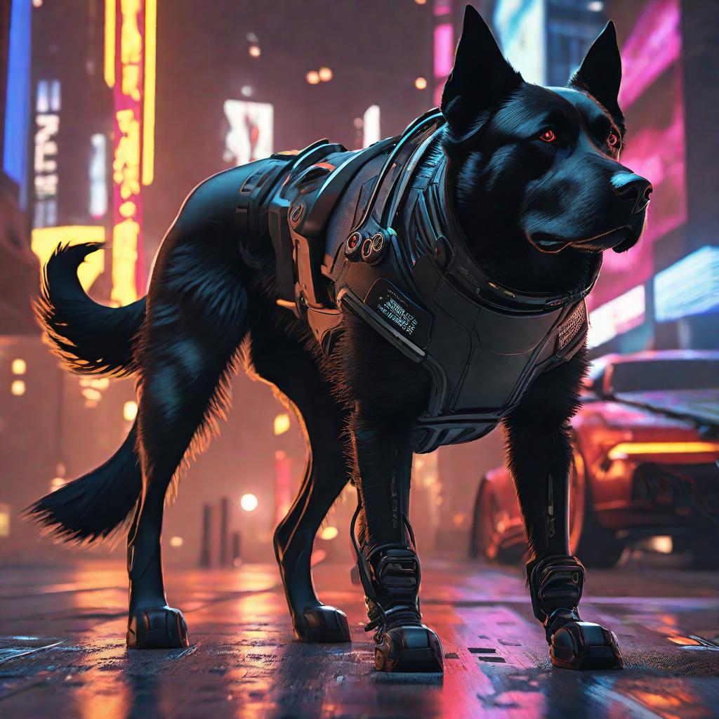  Black dog, portrait, cyberpunk, hyper detailed, digital art, trending in artstation, cinematic lighting, studio quality, smooth render, unreal engine 5 rendered, octane rendered, art style by klimt and nixeu and ian sprigger and wlop and krenz cushart hyperrealistic, full body, detailed clothing, highly detailed, cinematic lighting, stunningly beautiful, intricate, sharp focus, f/1. 8, 85mm, (centered image composition), (professionally color graded), ((bright soft diffused light)), volumetric fog, trending on instagram, trending on tumblr, HDR 4K, 8K