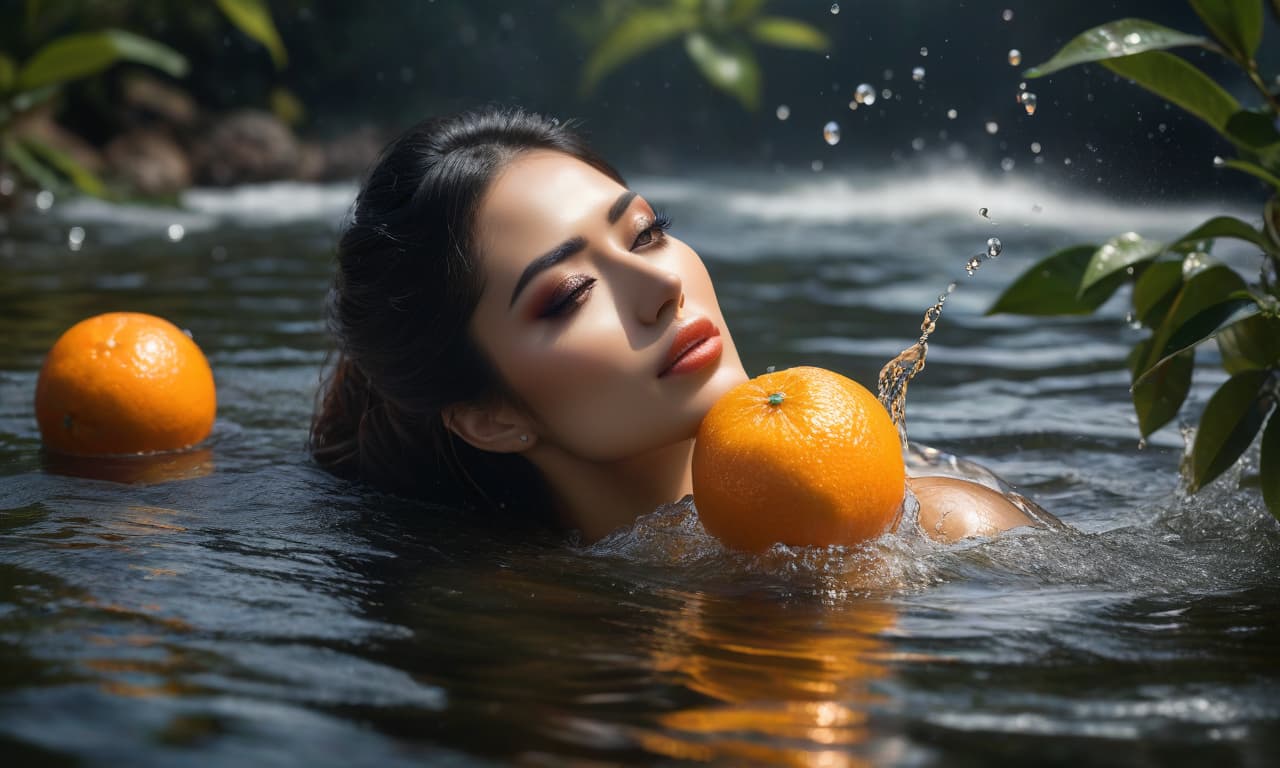  Around the lying girl in the water, tiny oranges are bursting, juice is dripping. hyperrealistic, full body, detailed clothing, highly detailed, cinematic lighting, stunningly beautiful, intricate, sharp focus, f/1. 8, 85mm, (centered image composition), (professionally color graded), ((bright soft diffused light)), volumetric fog, trending on instagram, trending on tumblr, HDR 4K, 8K