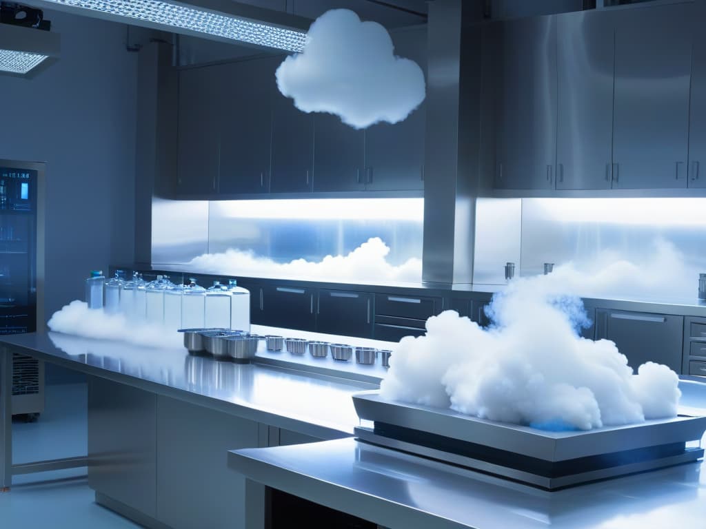  An ultradetailed image of a sleek, modern laboratory setting with stainless steel countertops, scientific equipment neatly arranged, and a small cloud of mist hovering above a beaker filled with bubbling liquid nitrogen. The lighting is soft and focused, highlighting the futuristic aesthetic of the space and emphasizing the safety precautions required when handling liquid nitrogen. hyperrealistic, full body, detailed clothing, highly detailed, cinematic lighting, stunningly beautiful, intricate, sharp focus, f/1. 8, 85mm, (centered image composition), (professionally color graded), ((bright soft diffused light)), volumetric fog, trending on instagram, trending on tumblr, HDR 4K, 8K