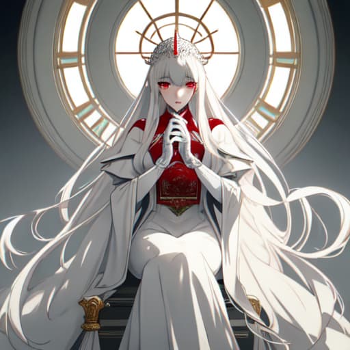  a girl manhua character with white hair and red eyes with white skin wearing noble dress and siting on the throne hyperrealistic, full body, detailed clothing, highly detailed, cinematic lighting, stunningly beautiful, intricate, sharp focus, f/1. 8, 85mm, (centered image composition), (professionally color graded), ((bright soft diffused light)), volumetric fog, trending on instagram, trending on tumblr, HDR 4K, 8K