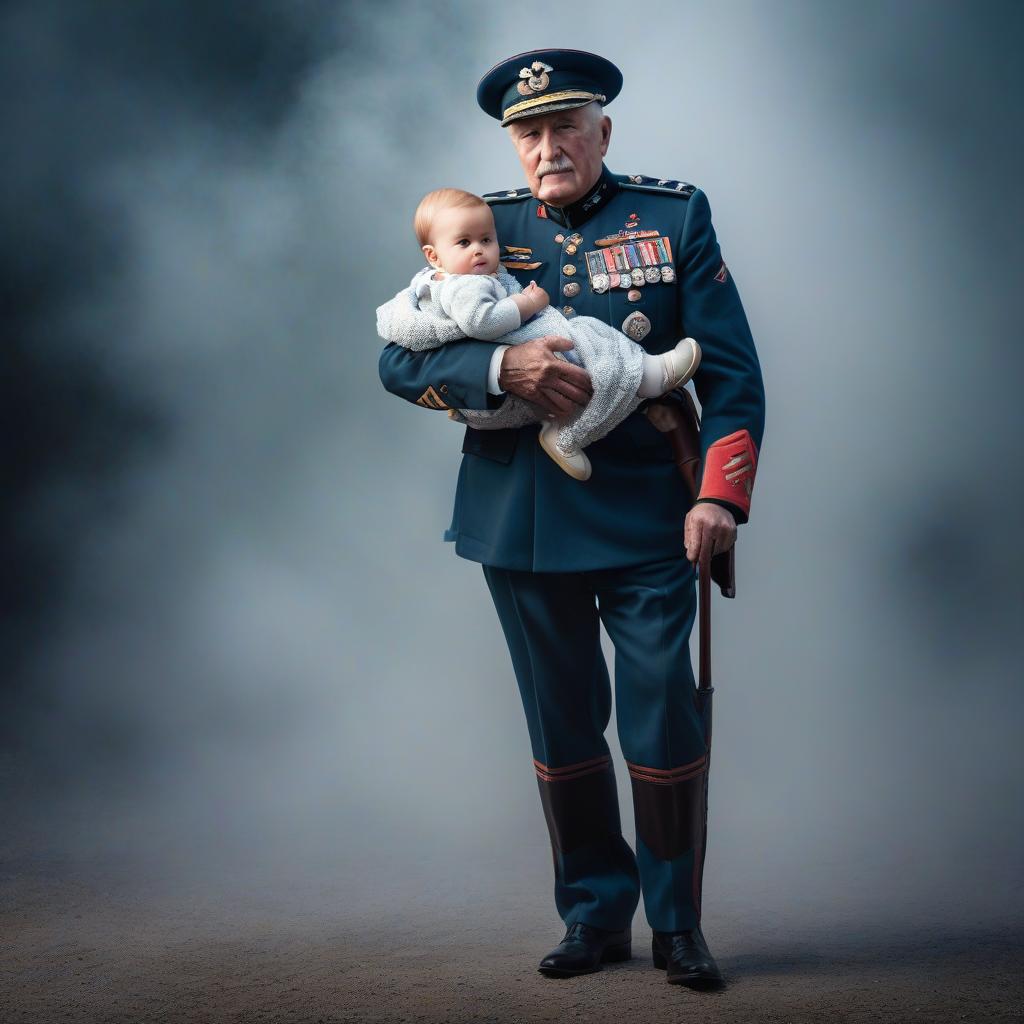  grandfather, a war veteran in uniform, holding his little grandson in his arms, on May 9th hyperrealistic, full body, detailed clothing, highly detailed, cinematic lighting, stunningly beautiful, intricate, sharp focus, f/1. 8, 85mm, (centered image composition), (professionally color graded), ((bright soft diffused light)), volumetric fog, trending on instagram, trending on tumblr, HDR 4K, 8K