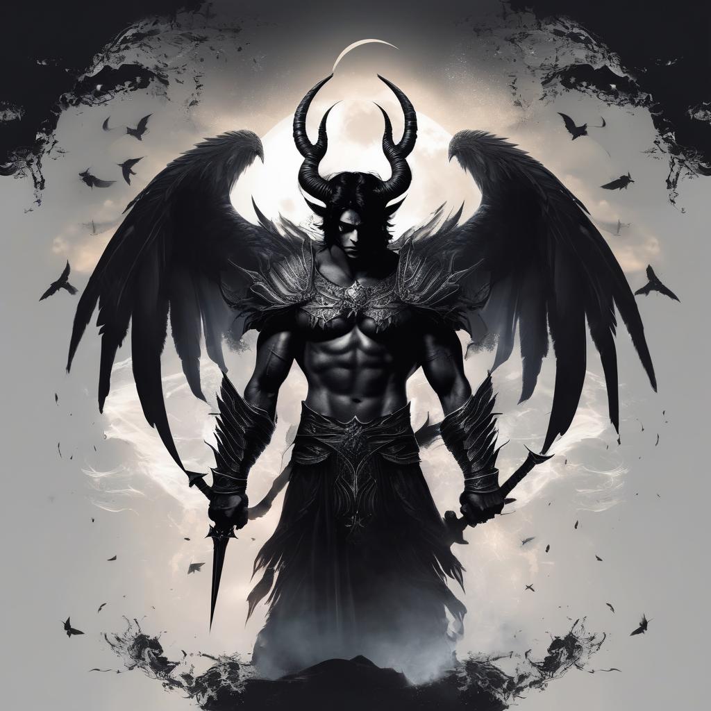  A man, a demon with black eyes and black hair, wings of a demonic, fantasy and magic.
