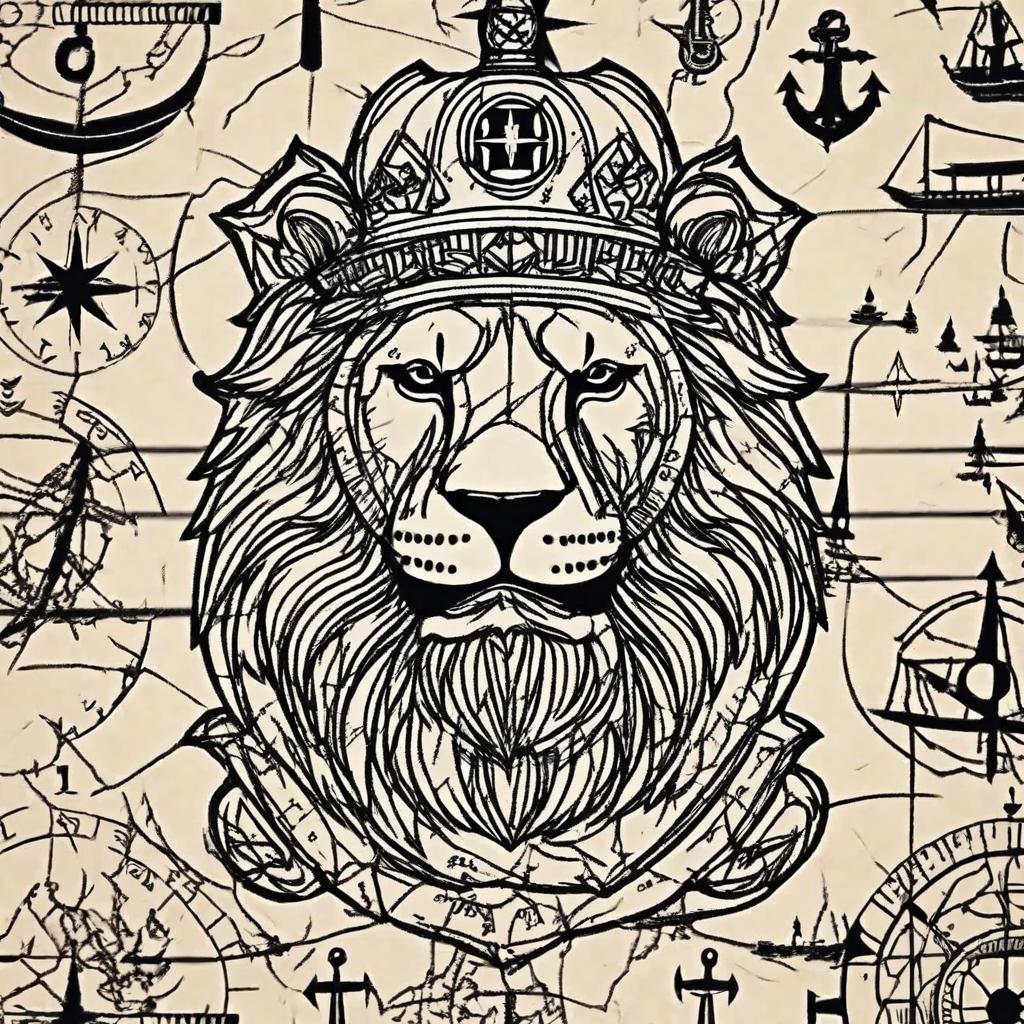  masterpiece, best quality, Lion head wearing gladiator helmet on top of an anchor with a compass