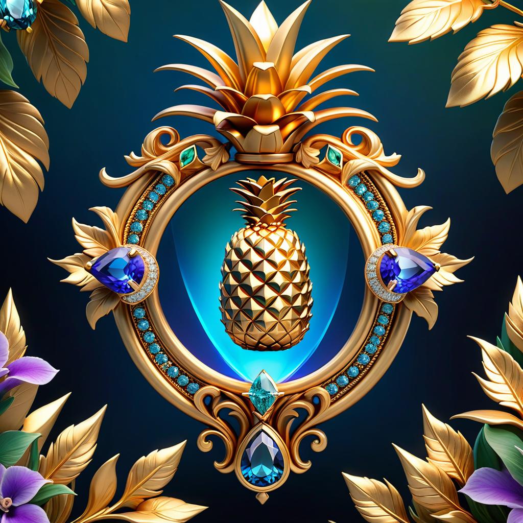  ethereal fantasy concept art of ( Frame): made of gold and diamond chains with pendants of blue stones framed by small diamonds. (Pineapple): gold jewellery in the shape of a pineapple fruit decorated with amethyst inlays. The leaves are green coloured emeralds. On the left side the pineapple is framed by golden petunia flowers. (Background): night sky with shining golden stars and shards of diamonds, blue stones and amethysts. At the bottom and top of the background are three decorative thin gold stripes. . magnificent, celestial, ethereal, painterly, epic, majestic, magical, fantasy art, cover art, dreamy hyperrealistic, full body, detailed clothing, highly detailed, cinematic lighting, stunningly beautiful, intricate, sharp focus, f/1. 8, 85mm, (centered image composition), (professionally color graded), ((bright soft diffused light)), volumetric fog, trending on instagram, trending on tumblr, HDR 4K, 8K