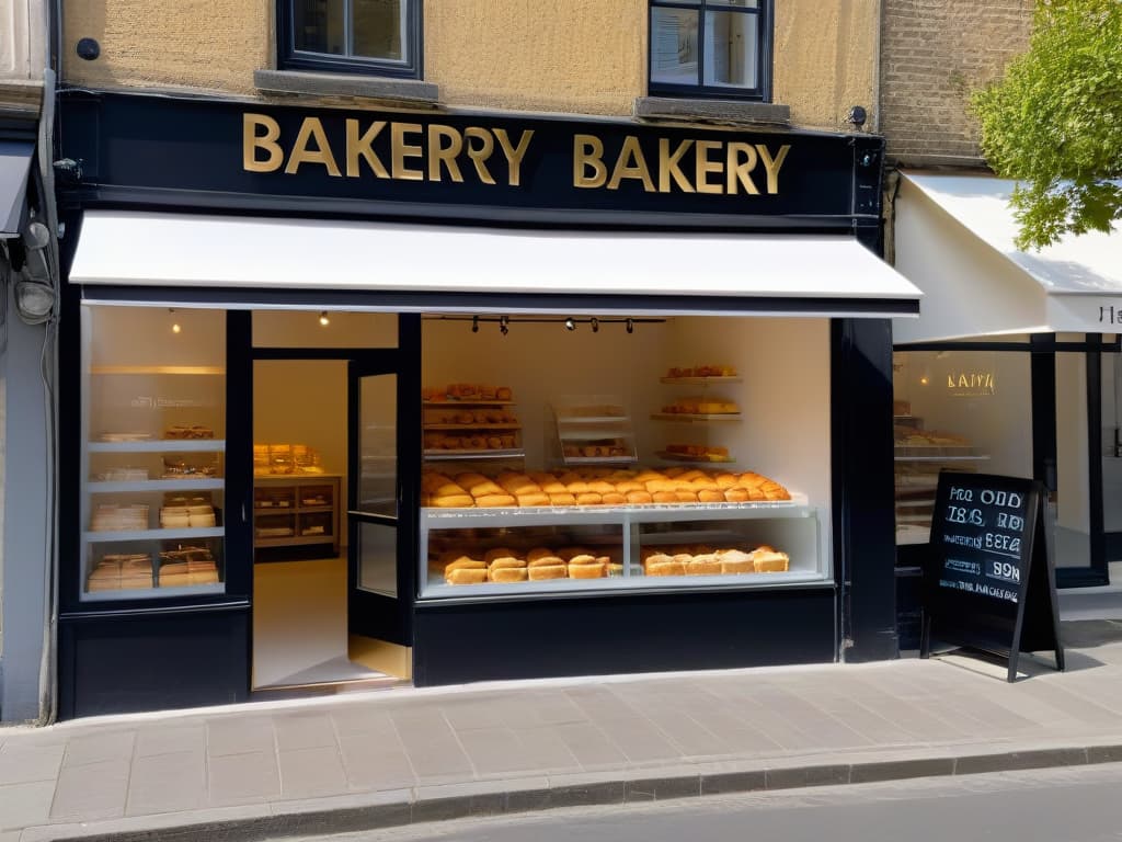  A minimalist image featuring a sleek, modern bakery storefront with large glass windows showcasing an array of beautifully displayed pastries and cakes. The design is clean and sophisticated, with a monochromatic color scheme of white, black, and gold accents. The logo of the bakery is subtly displayed on a small sign above the entrance, adding a touch of elegance to the overall aesthetic. The image conveys a sense of luxury and quality, enticing viewers to explore the world of global bakery merchandising trends. hyperrealistic, full body, detailed clothing, highly detailed, cinematic lighting, stunningly beautiful, intricate, sharp focus, f/1. 8, 85mm, (centered image composition), (professionally color graded), ((bright soft diffused light)), volumetric fog, trending on instagram, trending on tumblr, HDR 4K, 8K