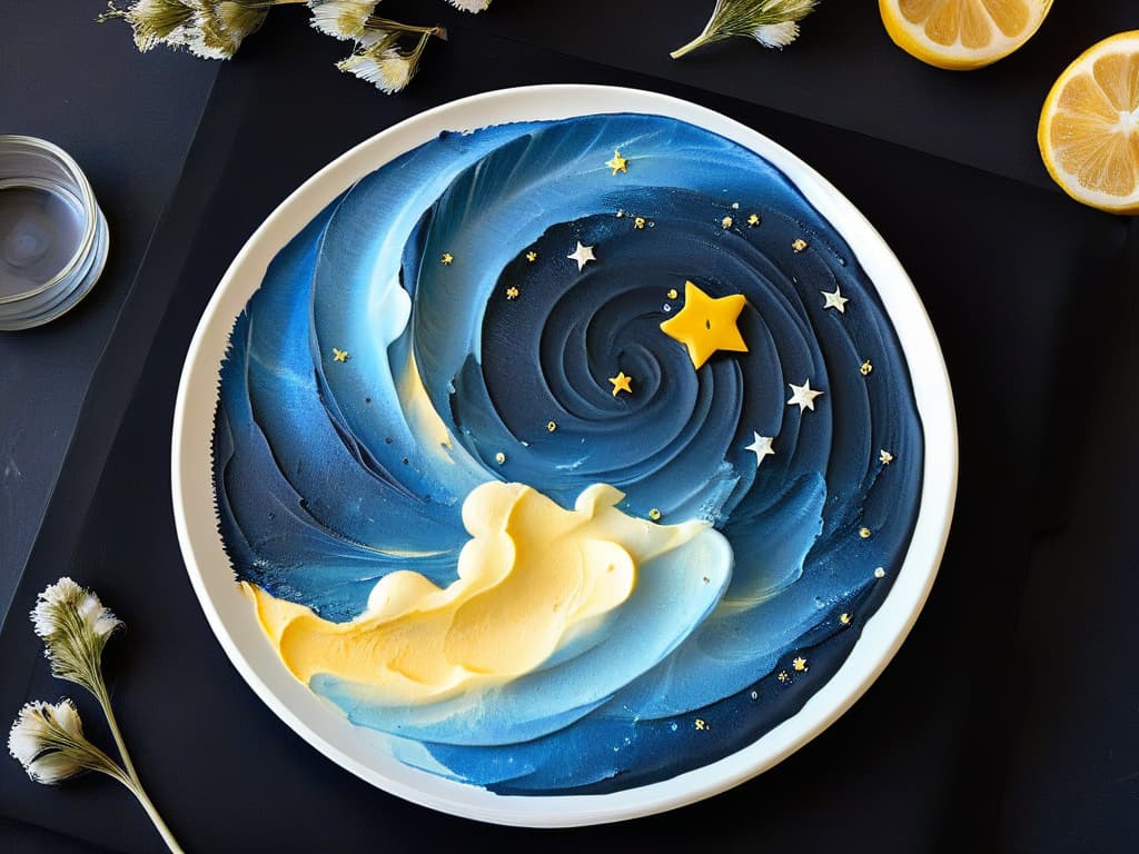  An ultradetailed image of a minimalistic dessert plate inspired by Vincent van Gogh's "Starry Night" painting. The plate features a delicate swirl of vibrant blue and yellow frosting resembling the iconic swirling sky in the painting, with tiny edible stars sprinkled across the surface. The dessert is elegantly presented on a sleek white plate, set against a black backdrop to enhance the contrast and make the colors pop. hyperrealistic, full body, detailed clothing, highly detailed, cinematic lighting, stunningly beautiful, intricate, sharp focus, f/1. 8, 85mm, (centered image composition), (professionally color graded), ((bright soft diffused light)), volumetric fog, trending on instagram, trending on tumblr, HDR 4K, 8K