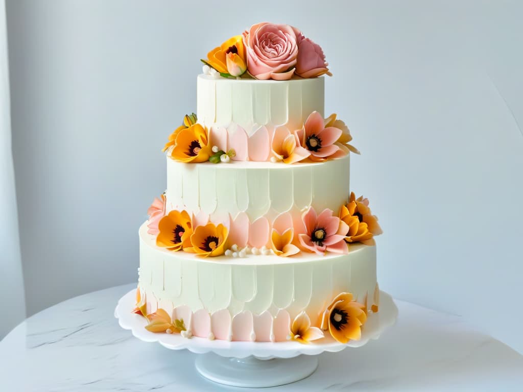  An intricately designed threetiered wedding cake, adorned with cascading sugar flowers in pastel shades of pink, peach, and ivory. The cake sits on a sleek, white marble countertop, against a backdrop of soft, diffused lighting that highlights the delicate details of the edible blooms. Each petal and leaf is meticulously crafted, creating a lifelike and elegant appearance that exudes sophistication and artistry. The overall aesthetic is clean, modern, and visually striking, making it a perfect representation of the artistry and skill involved in creating spectacular cakes. hyperrealistic, full body, detailed clothing, highly detailed, cinematic lighting, stunningly beautiful, intricate, sharp focus, f/1. 8, 85mm, (centered image composition), (professionally color graded), ((bright soft diffused light)), volumetric fog, trending on instagram, trending on tumblr, HDR 4K, 8K