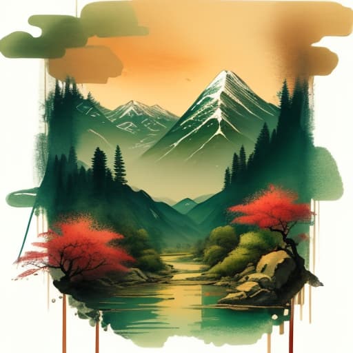  Chinese style landscape painting, mountains, rivers, clouds